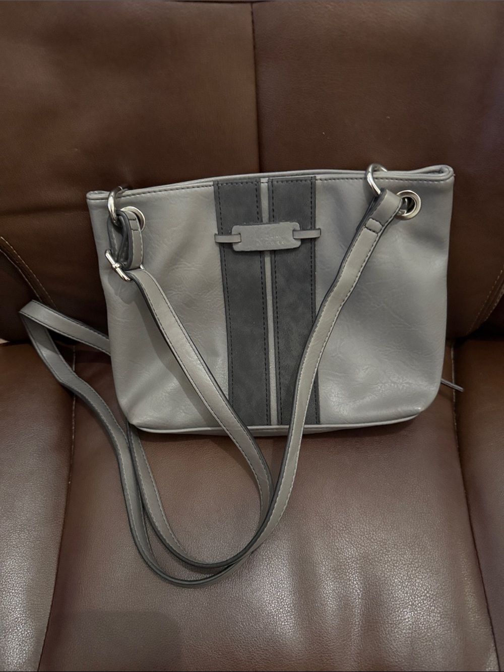 Nicole Miller Gray Crossbody Bag with Dark Gray Center Stripe